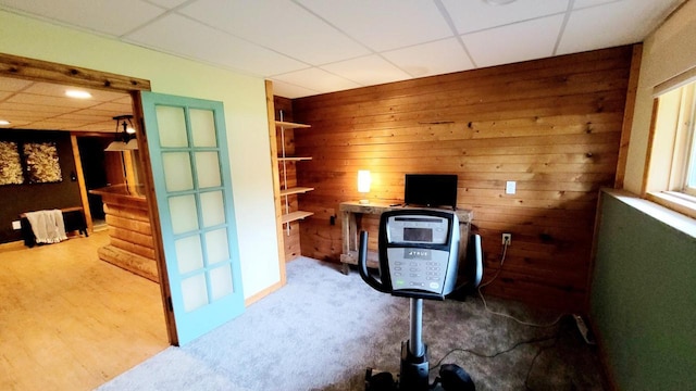610 Fox Ridge Ct, Nekoosa, WI 54457 - office space with a paneled ceiling, wooden walls, and carpet floors