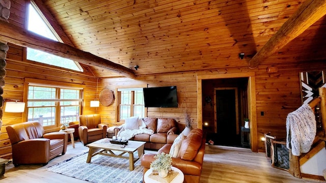 610 Fox Ridge Ct, Nekoosa, WI 54457 - living room featuring wooden ceiling, wooden walls, and light wood-type flooring
