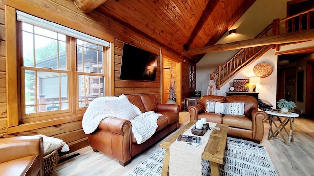610 Fox Ridge Ct, Nekoosa, WI 54457 - living area featuring wood ceiling, wood finished floors, wooden walls, and stairs