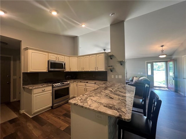 N2673 464th St, Menomonie, WI 54751 - kitchen featuring stainless steel appliances, a peninsula, dark wood-style flooring, a kitchen breakfast bar, and recessed lighting