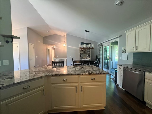 N2673 464th St, Menomonie, WI 54751 - kitchen with dishwasher, dark wood-style flooring, vaulted ceiling, stone counters, and pendant lighting