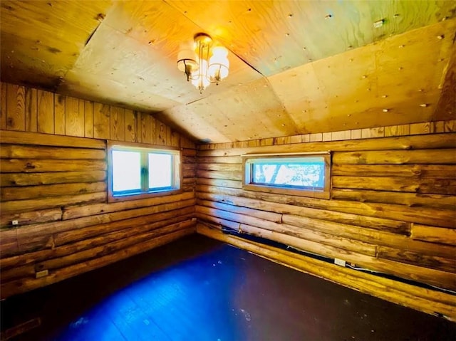 W6974 Bankers Dr, Minong, WI 54859 - additional living space featuring rustic walls, wood ceiling, and lofted ceiling