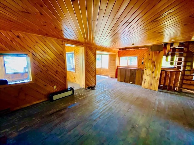 6974 W Bankers Dr, Minong, WI 54859 - unfurnished living room featuring hardwood / wood-style floors, wood ceiling, and wooden walls