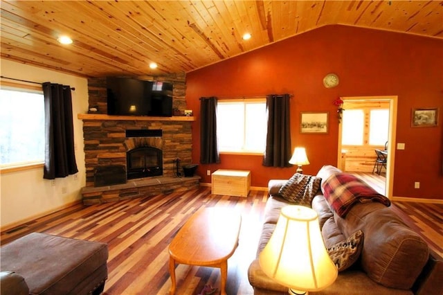 4315 Hector Dam Rd, Shell Lake, WI 54871 - living area with wood ceiling, vaulted ceiling, wood finished floors, a fireplace, and recessed lighting