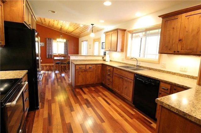 4315 Hector Dam Rd, Shell Lake, WI 54871 - kitchen featuring dishwasher, a sink, a peninsula, dark wood-style flooring, and range with electric cooktop