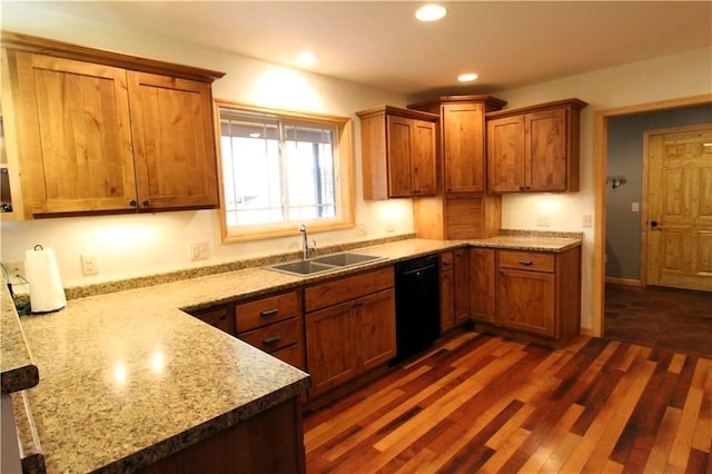 4315 Hector Dam Rd, Shell Lake, WI 54871 - kitchen featuring dishwasher, a sink, brown cabinetry, recessed lighting, and dark wood finished floors