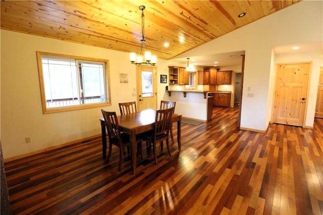 4315 Hector Dam Rd, Shell Lake, WI 54871 - dining area with dark wood-style floors, a chandelier, lofted ceiling, wooden ceiling, and recessed lighting