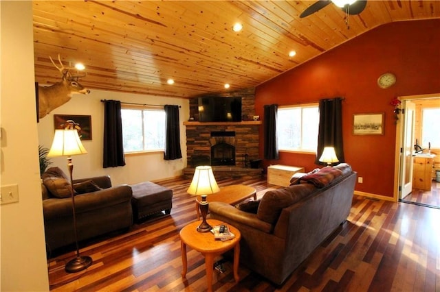 4315 Hector Dam Rd, Shell Lake, WI 54871 - living room with wooden ceiling, lofted ceiling, a fireplace, wood finished floors, and ceiling fan