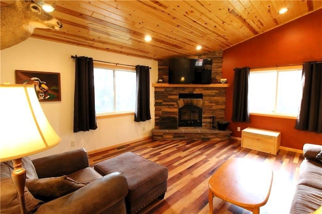 4315 Hector Dam Rd, Shell Lake, WI 54871 - living area with lofted ceiling, wood ceiling, a fireplace, wood finished floors, and recessed lighting