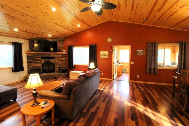 4315 Hector Dam Rd, Shell Lake, WI 54871 - living room with vaulted ceiling, wood ceiling, ceiling fan, a fireplace, and plenty of natural light