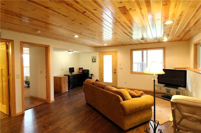 4315 Hector Dam Rd, Shell Lake, WI 54871 - living area with wooden ceiling, dark wood-style flooring, baseboards, and recessed lighting