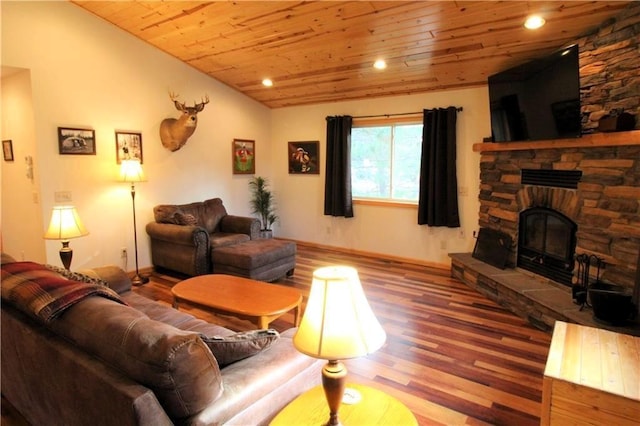 4315 Hector Dam Rd, Shell Lake, WI 54871 - living area with wooden ceiling, wood finished floors, recessed lighting, a stone fireplace, and baseboards