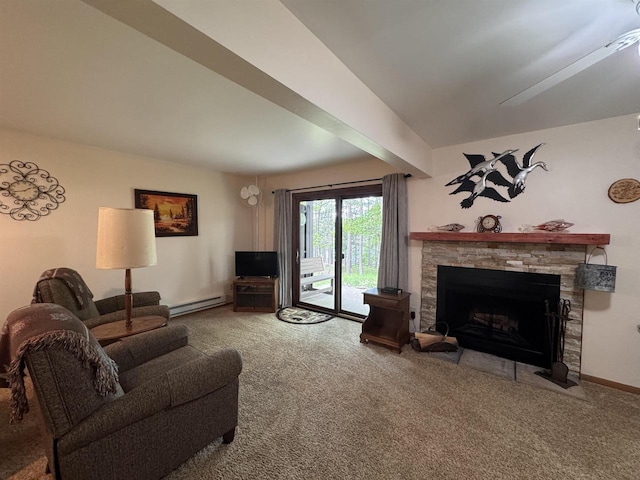 7 Maple Trl, Wisconsin Dells, WI 53965 - living room featuring baseboard heating, carpet, a stone fireplace, and baseboards