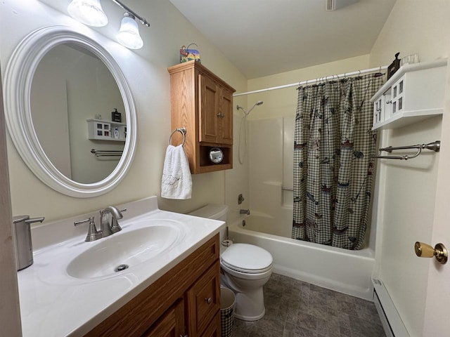 7 Maple Trl, Wisconsin Dells, WI 53965 - full bath featuring a baseboard radiator, toilet, shower / bath combination with curtain, and vanity