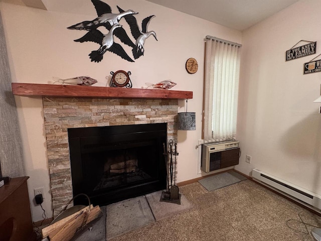 7 Maple Trl, Wisconsin Dells, WI 53965 - detailed view of a baseboard radiator, a fireplace, carpet flooring, and baseboards