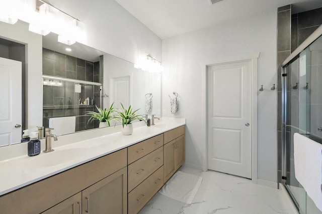 6655 Royal View Dr, Windsor, WI 53532 - bathroom featuring double vanity, a shower stall, marble look tile flooring, and baseboards