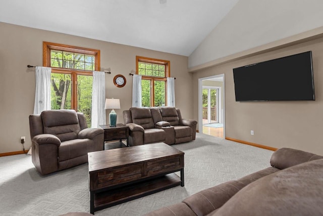 3196 Hidden Pond Rd, Green Bay, WI 54313 - carpeted living area featuring baseboards, healthy amount of natural light, and high vaulted ceiling