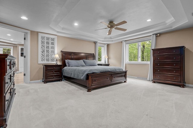 3196 Hidden Pond Rd, Green Bay, WI 54313 - bedroom with a raised ceiling, baseboards, recessed lighting, light carpet, and ceiling fan