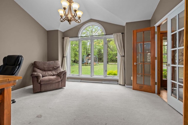 3196 Hidden Pond Rd, Green Bay, WI 54313 - sitting room featuring carpet flooring, vaulted ceiling, a chandelier, french doors, and baseboards