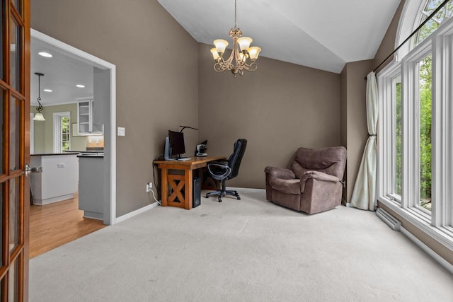3196 Hidden Pond Rd, Green Bay, WI 54313 - office space featuring carpet, a chandelier, baseboards, lofted ceiling, and recessed lighting