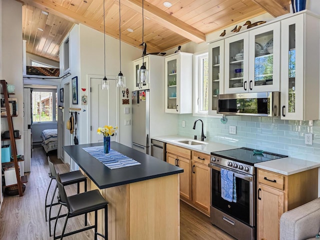 2270 N Shore Rd, La Pointe, WI 54806 - kitchen featuring stainless steel appliances, a sink, wooden ceiling, wood finished floors, and decorative backsplash