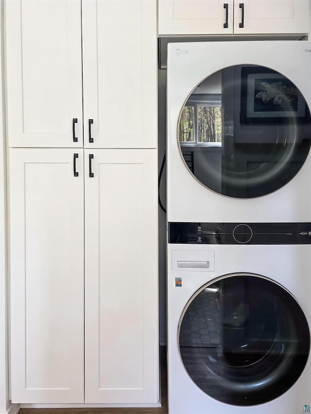 2270 N Shore Rd, La Pointe, WI 54806 - laundry room with stacked washing machine and dryer and cabinet space