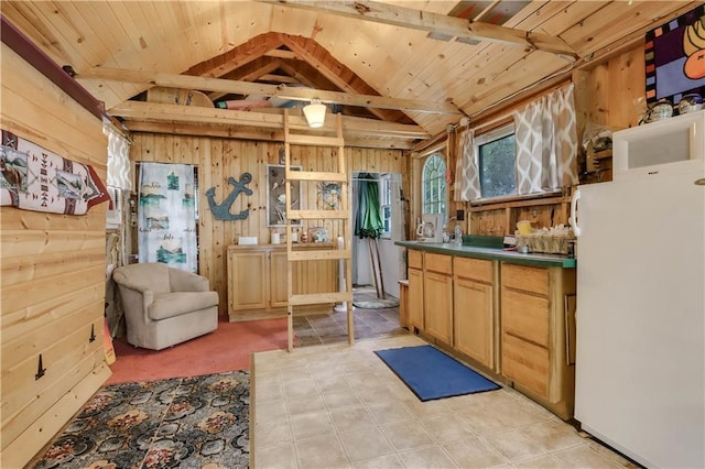 630 W Lake Dr, Shell Lake, WI 54871 - kitchen featuring freestanding refrigerator, wooden walls, dark countertops, and wood ceiling