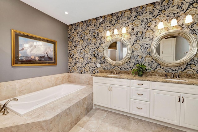 845 Lake Rd Unit D, Brookfield, WI 53005 - bathroom with double vanity, a garden tub, wallpapered walls, and tile patterned flooring