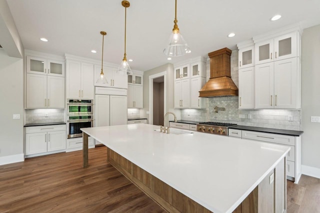 N67W27095 Fanad Dr, Lisbon, WI 53089 - kitchen with stainless steel appliances, a sink, tasteful backsplash, custom exhaust hood, and dark wood-style floors