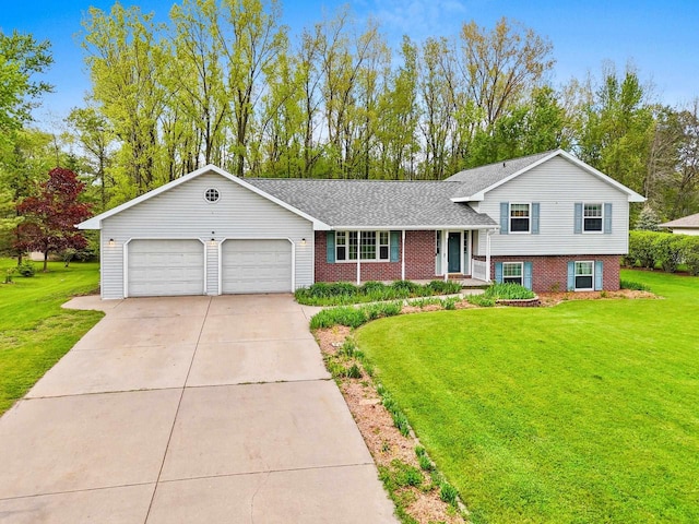 1394 Wellington Dr, Suamico, WI 54173 - tri-level home with a garage, brick siding, a porch, and a front lawn