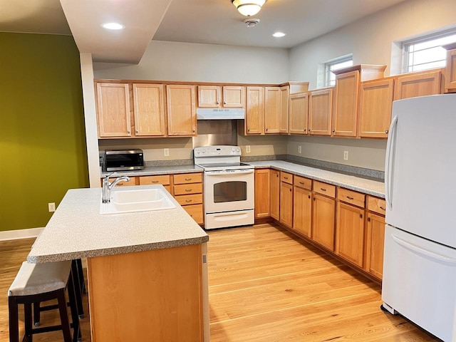 1021 W Pleasant St Unit 5, Portage, WI 53901 - kitchen featuring white appliances, a sink, under cabinet range hood, light wood-style floors, and a kitchen breakfast bar
