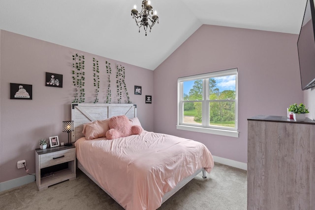 6340 Congress Dr, West Bend, WI 53095 - bedroom with light carpet, lofted ceiling, baseboards, and a chandelier