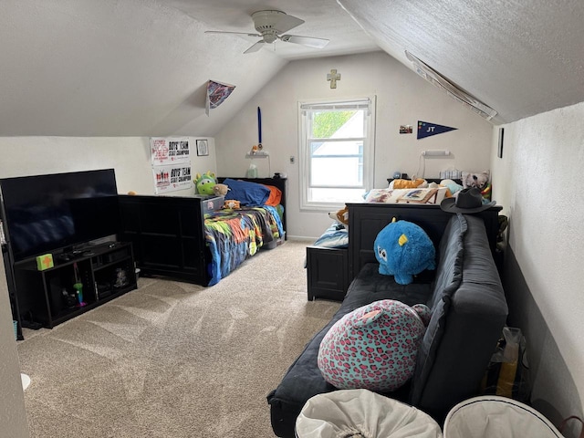2775 S 53rd St, Milwaukee, WI 53219 - bedroom featuring carpet flooring, a textured ceiling, lofted ceiling, and ceiling fan