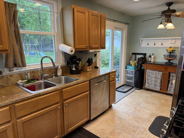 2775 S 53rd St, Milwaukee, WI 53219 - kitchen featuring stainless steel dishwasher, a sink, ceiling fan, and brown cabinets