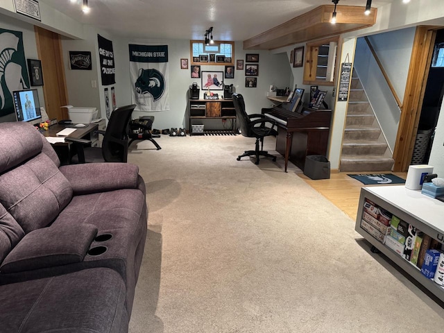 2775 S 53rd St, Milwaukee, WI 53219 - living room featuring stairs, a desk, and carpet flooring