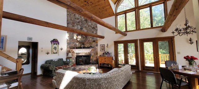 W6887 Two Mile Rd, Porterfield, WI 54159 - living room featuring high vaulted ceiling, french doors, dark wood finished floors, plenty of natural light, and wood ceiling with exposed beams