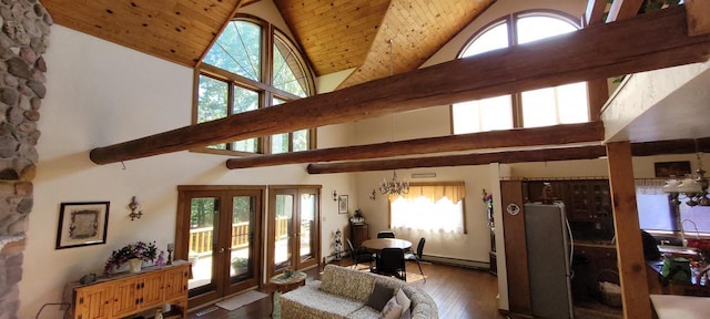 W6887 Two Mile Rd, Porterfield, WI 54159 - living room with high vaulted ceiling, french doors, wood ceiling, wood-type flooring, and a baseboard heating unit