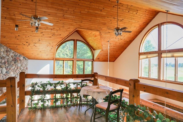 W6887 Two Mile Rd, Porterfield, WI 54159 - dining space featuring a ceiling fan, wood ceiling, lofted ceiling, and wood finished floors