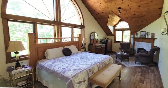 W6887 Two Mile Rd, Porterfield, WI 54159 - bedroom with wood finished floors, wood ceiling, lofted ceiling, and a tile fireplace