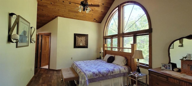 W6887 Two Mile Rd, Porterfield, WI 54159 - bedroom with wood ceiling, high vaulted ceiling, multiple windows, and dark wood-type flooring