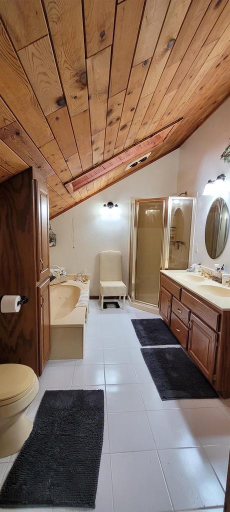 W6887 Two Mile Rd, Porterfield, WI 54159 - bathroom featuring wood ceiling, vaulted ceiling, toilet, vanity, and a shower stall