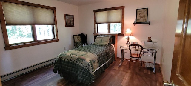 W6887 Two Mile Rd, Porterfield, WI 54159 - bedroom with a baseboard heating unit, wood finished floors, and baseboards