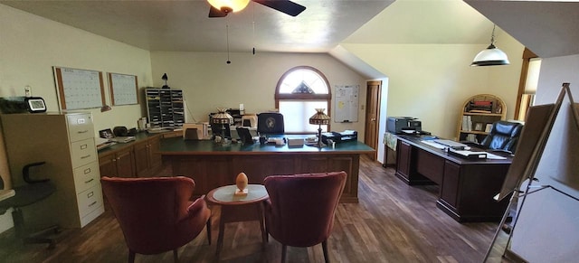 W6887 Two Mile Rd, Porterfield, WI 54159 - home office with dark wood-type flooring, a ceiling fan, and vaulted ceiling