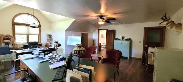 W6887 Two Mile Rd, Porterfield, WI 54159 - office area featuring ceiling fan, vaulted ceiling, and wood finished floors