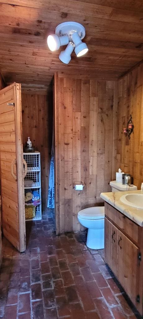 W6887 Two Mile Rd, Porterfield, WI 54159 - bathroom with wood ceiling, wooden walls, vanity, toilet, and brick flooring