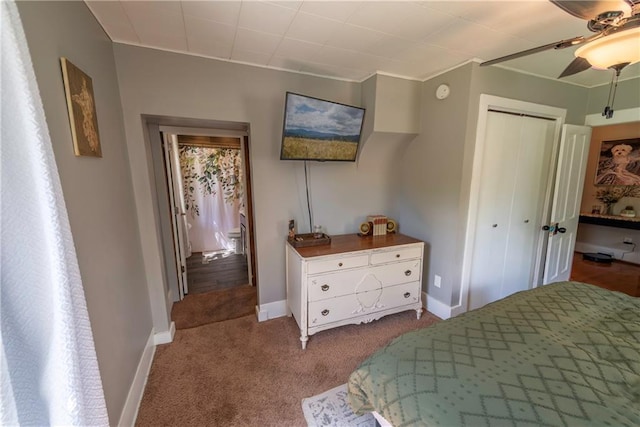 14 Chippewa St, Chippewa Falls, WI 54729 - bedroom with carpet flooring, baseboards, ceiling fan, a closet, and ornamental molding