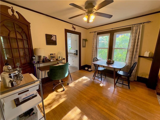 1515 Lyndale Ave, Eau Claire, WI 54701 - dining space featuring ornamental molding, ceiling fan, light wood-style floors, and baseboards
