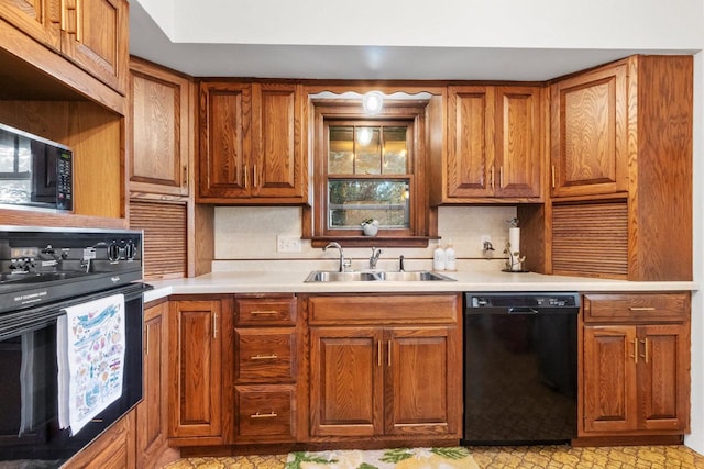 302 River Hts, Shawano, WI 54166 - kitchen with black appliances, a sink, tasteful backsplash, and brown cabinets