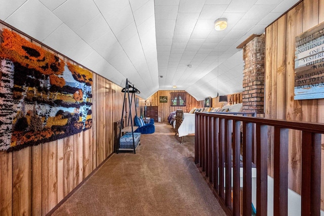 302 River Hts, Shawano, WI 54166 - hallway featuring wood walls, carpet floors, and lofted ceiling