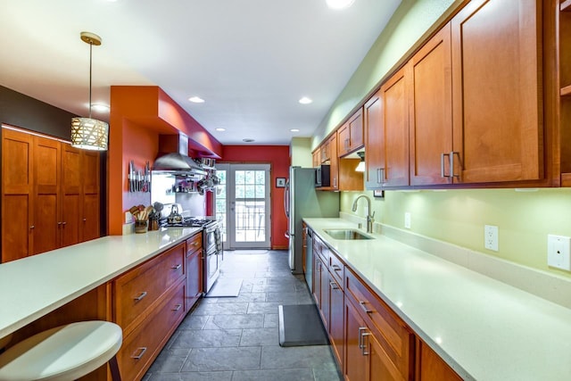 127 S Franklin St Unit 10, Madison, WI 53703 - kitchen featuring stainless steel appliances, a sink, island range hood, stone tile floors, and light countertops